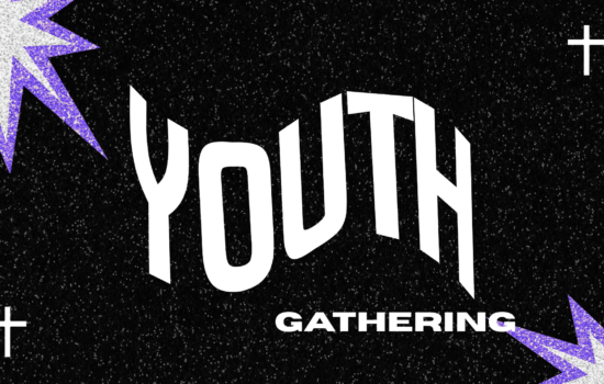 youth gathering graphic white wavy writing on black background